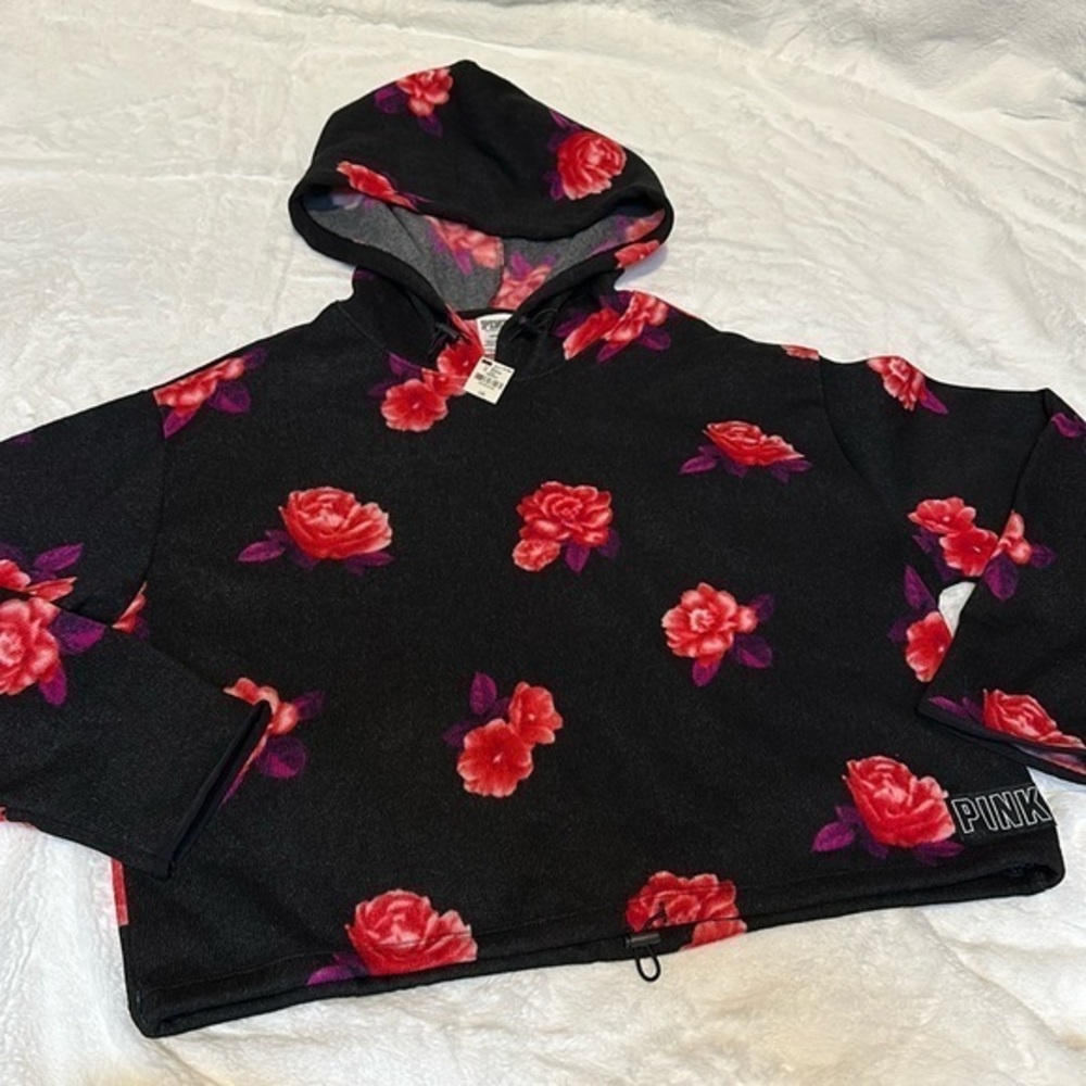 PINK Victoria's Secret Woman's Sz L Black Floral Rose Cropped Hoodie Sweatshirt